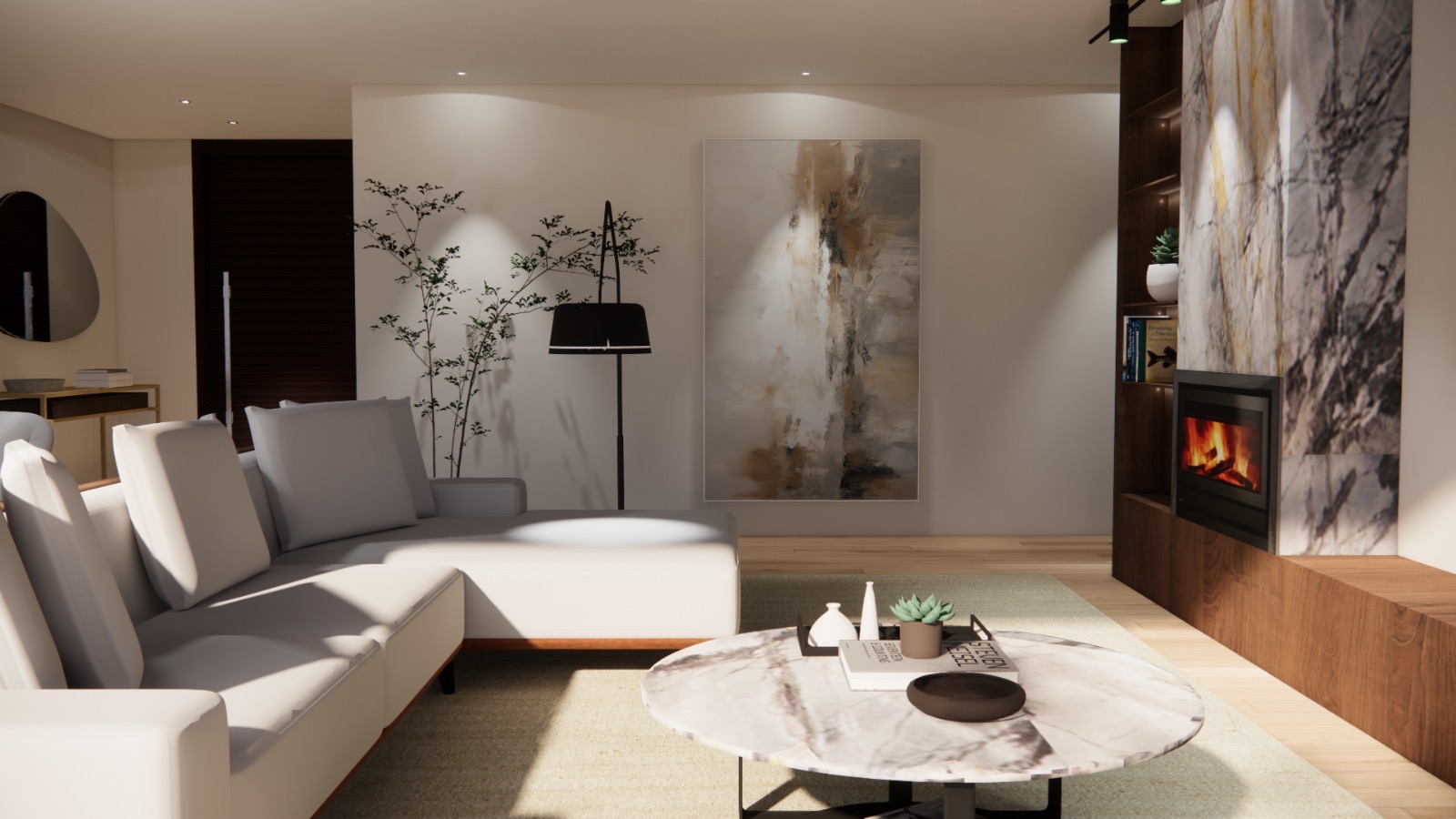 Sala desenhada pela 30 Palmos com materiais naturais e luz quente